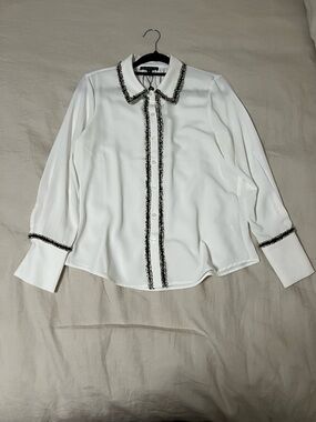 Adrianna Papell White Button-Down Blouse with Black Trim